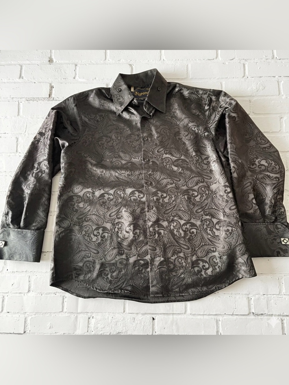 Men's Satin Paisley Dress Shirt in Dark Gray - Classic Collar